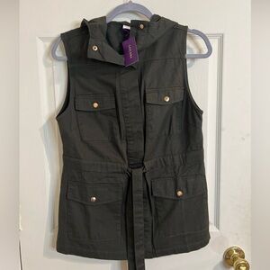 Lascana Y2K Women's  Green Military Style Drawstring Hooded Vest Size 8 Pockets